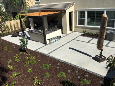 Outdoor entertaining space with string lighting