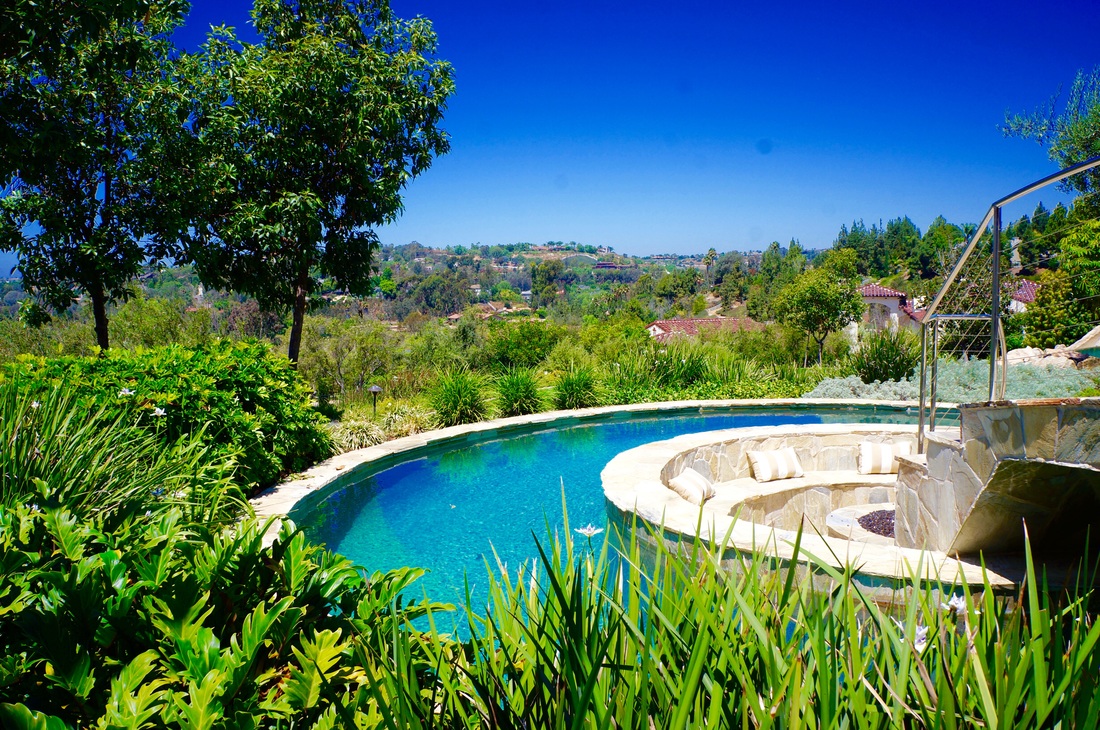 Custom pool and water feature with tropical landscaping in San Diego