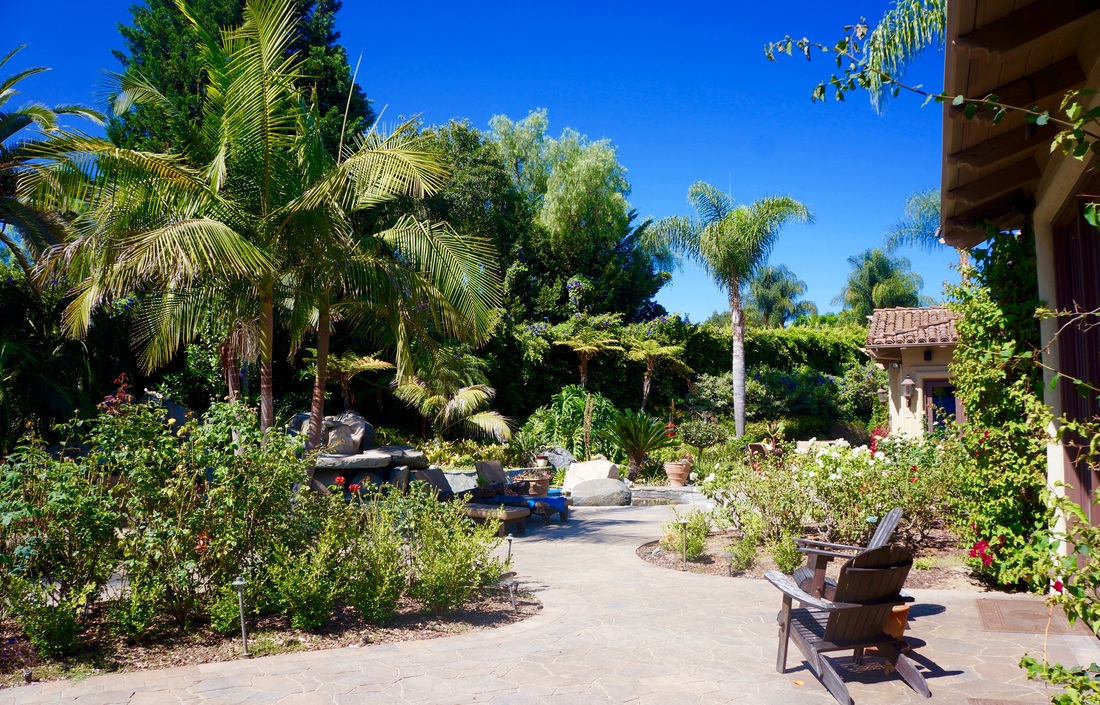 Tropical garden landscape with efficient irrigation